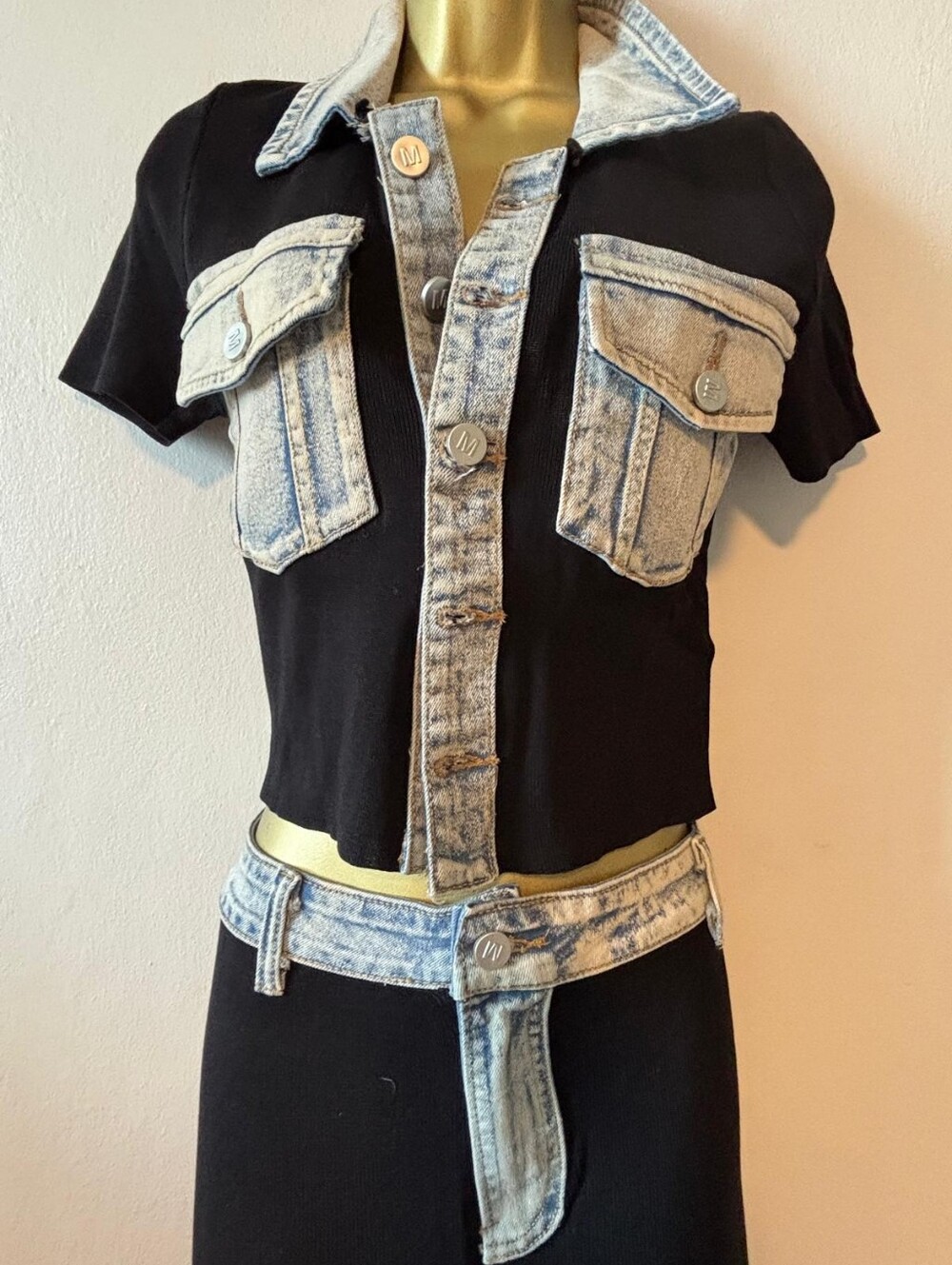 Black Cropped Top with Acid Wash Denim Trim